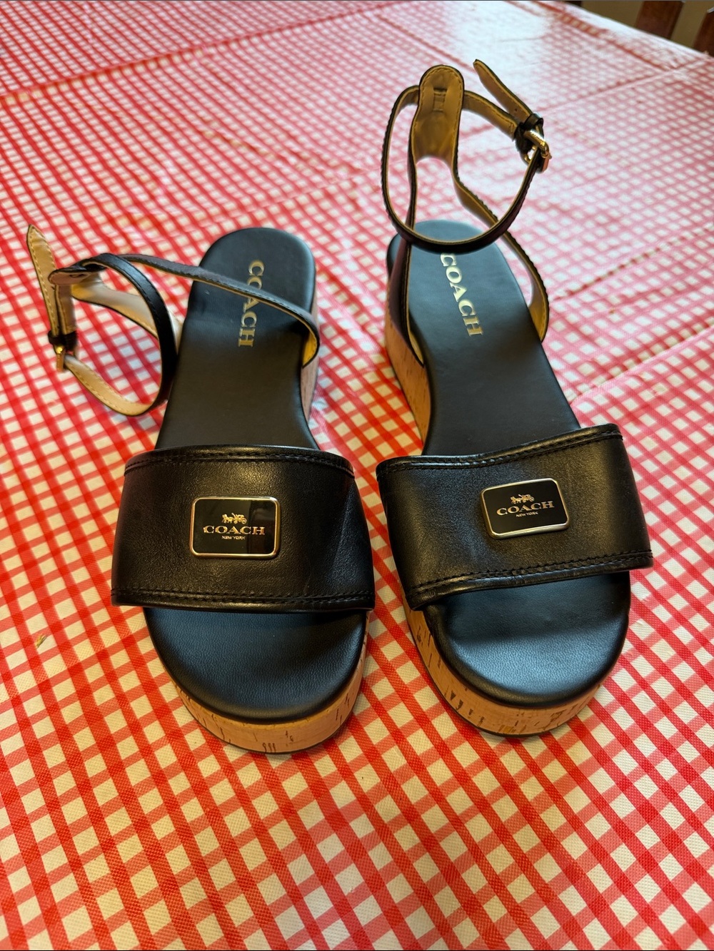 COACH size 8 Black Leather Cork Wedge Sandals with Ankle Strap - Picture 1 of 8